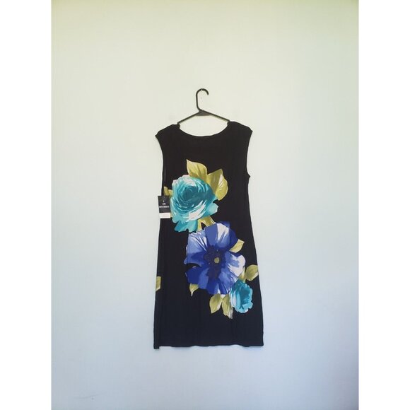 Sandra Darren Women 12 Mini Dress Floral Black Sheath Sleeveless Blue Spring NWT - Picture 2 of 7